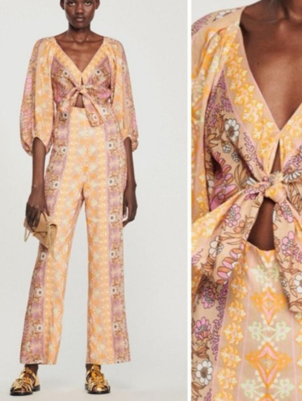 Sandro Dieppe Size XS (FR 34) Floral Print 70s Style Jumpsuit MSRP $565